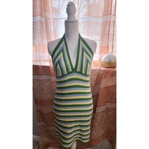 Crochet Striped Halter Neck Mini Sundress Green White Yellow Blue Backless